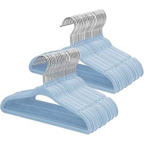 ManGotree 11" Baby Velvet Hangers, Non-Slip Infant Coat Hangers, Ultra-Thin Toddler Felt Hanger with 360° Swivel Hook, Space Saving Children's Hanger for Kids Clothes, 48 Pack (Blue)