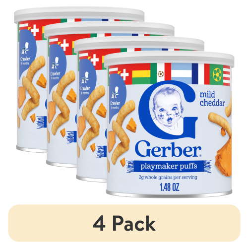 (4 pack) Gerber Stage 3 Baby Snacks, Playmaker Game Day Lil' Crunchies Puffs, Mild Cheddar, 1.48 oz