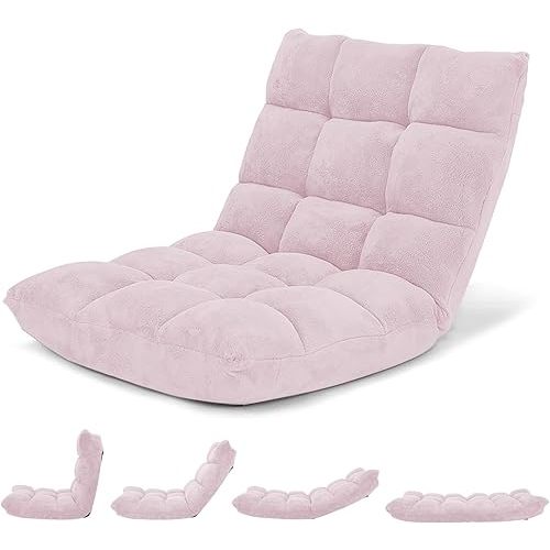 Giantex Floor Chair with Back Support, 14 Adjustable Position, Padded Sleeper Bed, Couch Recliner, Gaming Floor Chairs for Meditation, Adults, Living Room, Gaming Chair Floor, Light Pink