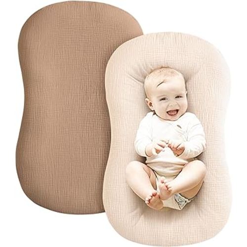 Konssy Muslin Baby Lounger Cover 2 Pack, 100% Cotton Newborn Lounger Cover, Soft and Breathable Lounger Slipcover for Boys Girls, Covers Only (Brown,Wheat)