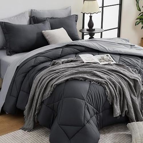 Queen Comforter Set - 7-Piece All Season Bed in a Bag Queen, Ultra Soft Bedding Set with Comforter, Flat Sheet, Fitted Sheet, Pillowcases, Pillow Shams, Dark Grey & Light Grey