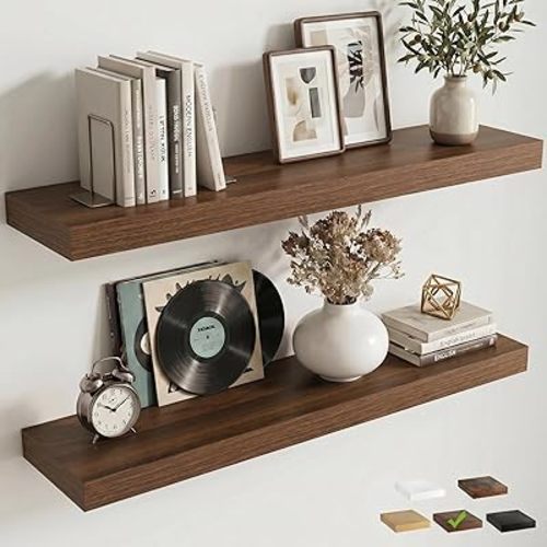 FLYJOE Floating Shelves for Wall, 36 Inch Floating Shelves Set of 2, 8" D Wooden Wall Mounted Display Shelves with Invisible Brackets for Living Room, Bedroom, Bathroom, Kitchen Decor, Walnut