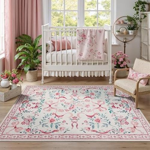 DCX Washable 6x9 Bow Rug, Pink Floral Rug for Girls’ Bedroom, Cute Soft Low Pile Indoor Décor Carpet, Kid & Pet Friendly Nursery Rug for Living Room, Dorm, Playroom
