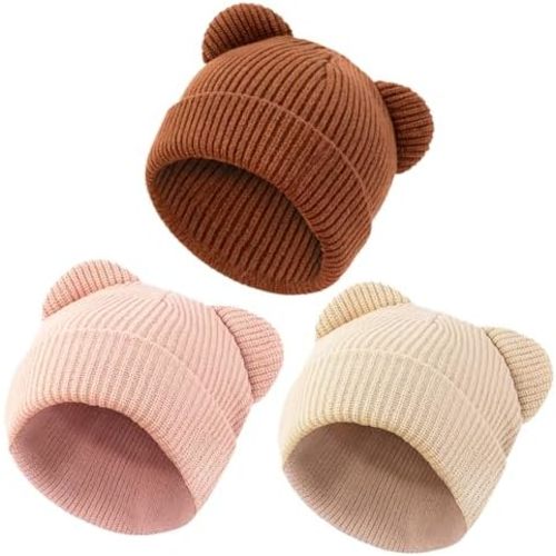 Baby Beanie Cute Toddler Winter Hat 3 Pack Soft Double Layers Knit Warm Cap for Infant Girls Boys Kids 0-8 Years