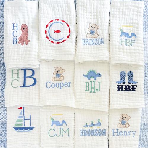Baby Boy Custom Embroidered Muslin Burp Cloths & Bibs for newborn | Baby Shower Gift | Monogram and Name Personalization