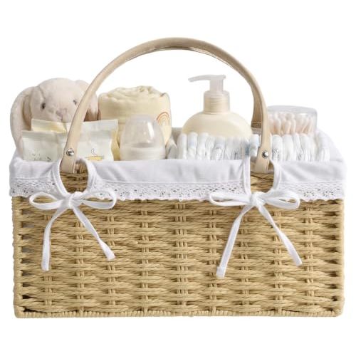 Yecaye Large Baby Diaper Caddy Organizer, Paper Rope Storage Baskets, Khaki | Handwoven Nursery Basket with Removable Divider, Portable Storage for Diapers & Newborn Essentials, Gift for Baby Shower