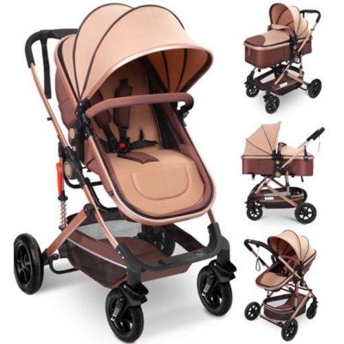 Vomeast Baby Stroller, Foldable Baby Stroller Reversible Bassinet, Travel Stroller for Newborn, Khaki & Brown
