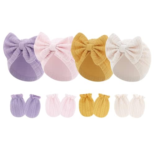 JOTDEW 4 Pcs Newborn Hats Mittens Set Infant Cap Bow Hospital Beanie Preemie Hat for Baby Boy Girl 0-6