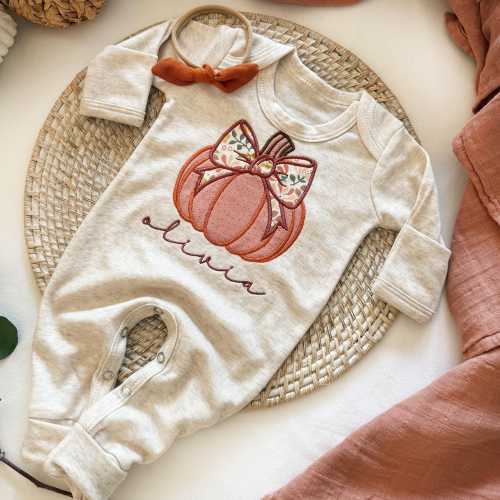 Personalized baby romper and bow set, custom Thanksgiving baby girl coming home outfit, monogrammed sleeper footies