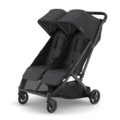 UPPAbaby Minu Duo Side-by-Side Double Stroller - Lightweight + Compact Design for Travel - Easy Fold- from Birth to Toddler - Independent Recline - Jake (Charcoal/Carbon Frame/Black Leather)