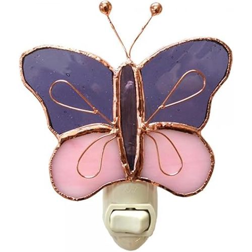Gift Essentials Pink and Purple Butterfly Plug in Night Light - Stained Glass Nightlight with On/Off Rocker Switch - Includes One 4 Watt Replaceable Incandescent Warm Glow Bulb