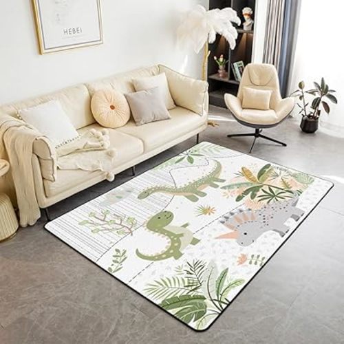 Feelyou Kids Cute Dinosaur Rugs for Living Room Bedroom Area Rug 5x7 Cartoon Green Dinosaur Indoor Floor Mat for Boys Girls Teens Cute Animal Accent Rug Coconut Plant Decorative Rug