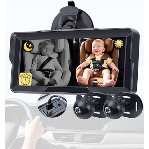 Dual Baby Car Camera: 6.8" 1080P Night Vision Monitor 2-Kids from Head to Toe at Once - USB Plug & Play Tool-Free Easy Setup for Two-Child Families on Daily Driving