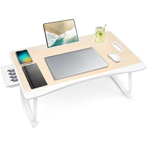 Amaredom Laptop Bed Desk Tray Bed Table, Foldable Portable Lap Desk Notebook Stand Reading Holder with Storage Drawer and Cup Holder for Eating Breakfast on Bed/Couch/Sofa-White Oak