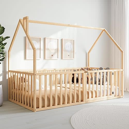Comfy Cubs Kids House Gated Floor Bed Twin Size – 100% Pinewood Montessori Floor Bed with Safety Enclosure for Children Aged 5+, Fun Kids Playhouse Design for Sleep & Play - Natural Wood