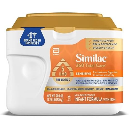 Similac 360 Total Care Sensitive Infant Formula for Fussiness & Gas Due to Lactose Sensitivity, Has 5 HMO Prebiotics, Baby Formula Powder, 20.1-oz Tub