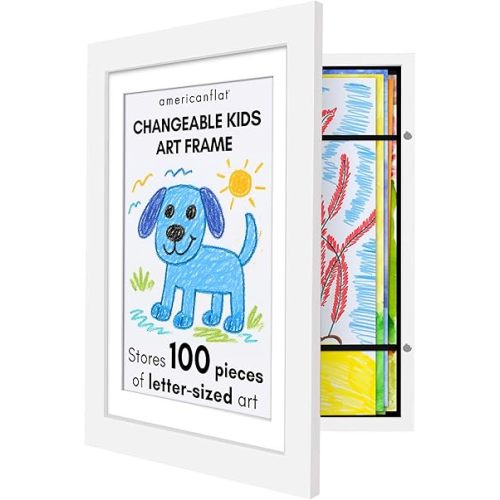 Americanflat - Marco para arte infantil de 10 x 12.5 pulgadas, portarretratos con carga frontal, marco de 8.5 x 11 pulgadas con paspartú/10 x 12.5 pulgadas sin paspartú, para 100 obras de arte, blanco