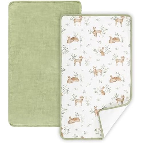 Waterproof Portable Changing Pad 2 Pack, Muslin Cotton Baby Changing Mat Comfortable & Breathable, Foldable Diaper Changing Pad for Travel, Machine Washable, Deer & Green