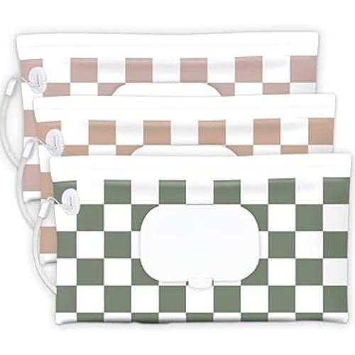 Baby Wipe Holder, 3-Pack Portable Refillable Wipe Dispenser, Waterproof & Dustproof Travel Baby Wipes Case, Reusable Diaper Wipe Container with Checkerboard Design