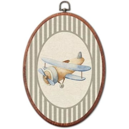 Vintage Airplane Nursery Oval Wall Art Framed, Grey Striped Canvas Prints