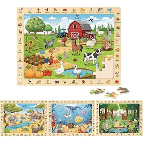 Joyreal Wooden Puzzles for Kids Ages 4-6, 4 x 60 Piece Search and Find Puzzles for Toddlers 3-5, Educational Animal Learning Toys, Birthday Gifts for 3 4 5 6 Year Old Boys Girls