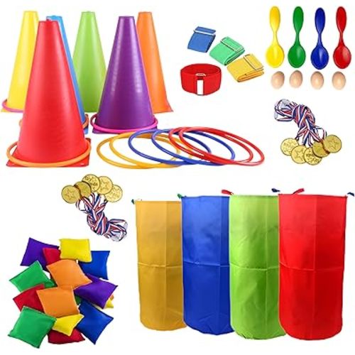 CircleCraft 53 Pcs. Plastic Cones and Rings Games Ring Toss Games for Adults Carnival Games Potato Sack Race Bags Egg & Spoon Bean Bag Birthday Party Outdoor Games for Family Party