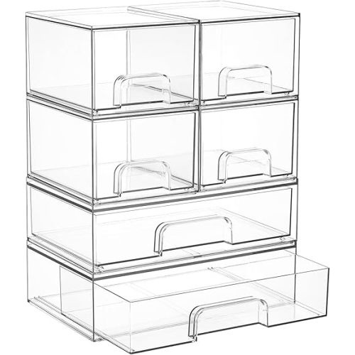 Vtopmart Stackable Storage Drawers Set of 6, Clear Plastic Organizer Bins for Bathroom Supplies, Ideal for Cabinet,Shelf, Pantry, Laundry Room Organization
