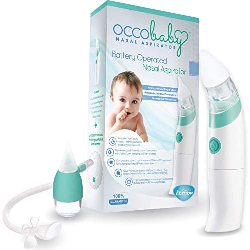 OCCObaby Baby Nasal Aspirator - Safe Hygienic and Quick Battery Operated Nose Cleaner with 3 Sizes of Nose Tips Includes Bonus Manual Snot Sucker for Newborns and Toddlers (Limited Edition)