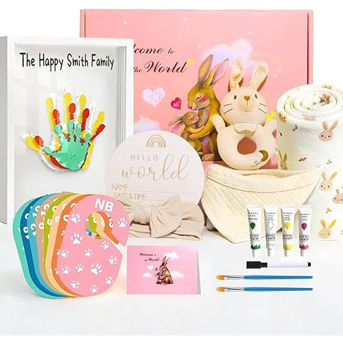 Baby Shower & Gender Reveal Gifts for First Time Moms & Expecting Parents to Be, New Parents Gift Set with Rattle Toy & Family Handprint Kit - Unique Baby Gift Essential