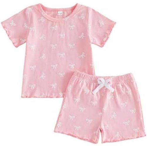 Toddler Baby Girl Summer Clothes Short Sleeve Bow Print T Shirt Tops Shorts Set 6 12 18 24 Months 2T 3T 4T Outfits