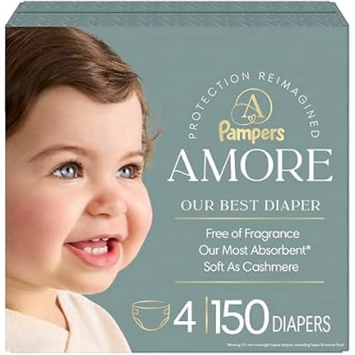 Pampers Amore, Size 4 (15-34 lbs), 150 Count, Our Best Diaper – Hypoallergenic & Fragrance Free, Up to 100% Leakproof, Soft as Cashmere