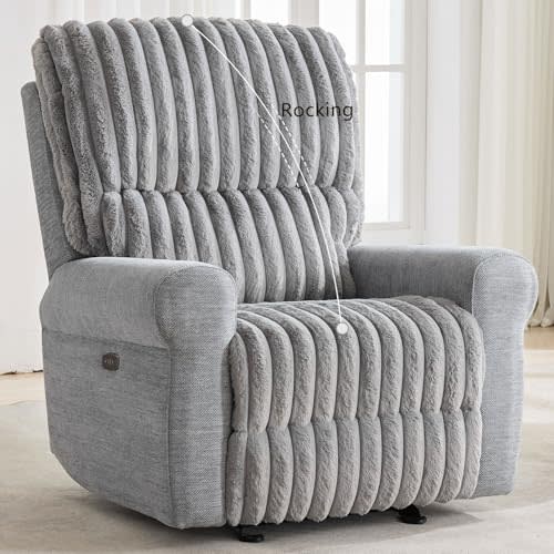 Comfort Stretch Power Nursery Glider Rocking Recliner Electric Fuzzy Rabbit Plush Rocker Reclining Chair for Living Room with Type-C & USB Port,Chenille Armrest,Soft Fabric Gray