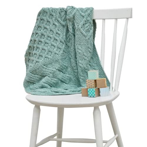 Aran Woollen Mills Supersoft Merino Irish Baby Blanket Cable Knit Throw Made in Ireland 22" x 32" (Sea Foam Green)