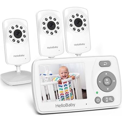 HelloBaby Monitor with 3 Cameras, 2.4'' Portable Travel Screen Baby Monitor No WiFi, 1000ft Long Range Video Baby Monitor, Night Vision, VOX Mode-Power Saving, Baby Safety Camera,for Baby/Pet/Elder