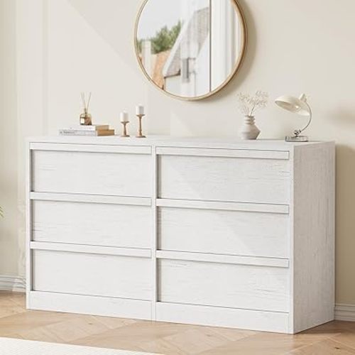 GarveeHome 6 Drawer Dresser for Bedroom, 47in Wide Antique White 6 Chest of Drawers with Large Storage, Wooden Dresser Organizer for Living Room, Nursery, Entryway