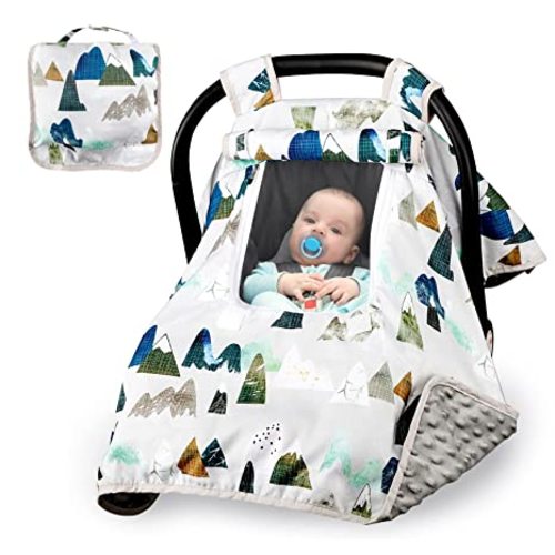Baby Car Seat Cover, Car Carseat Canopy Boys, Minky Cozy & Warm Cover, Infant Carrier Cover with Peep Windows, Soft & Breathable, Adventure Mountain Nursery Theme