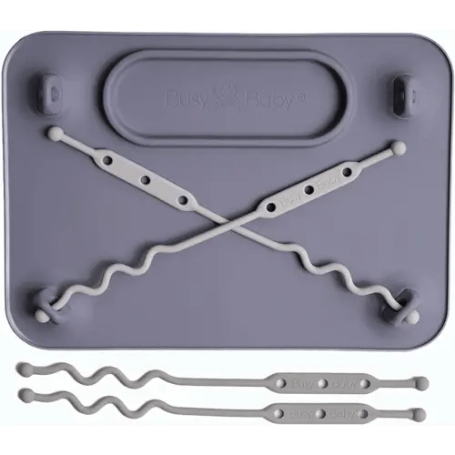 BUSY BABY Silicone Placemat-As Seen On Shark Tank-Built-in Suction Cups-4 Toy Tethers for Babies Toddlers and Kids-Food Grade Silicone-8.5 x 11 in-Comes with Travel Sleeve-Dishwasher Safe-Pewter