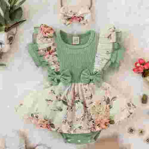 Viworld Newborn Baby Girl Floral Romper Dress Outfits Ruffle Onesie Suspender Shorts Jumpsuit With Headband Cute Summer Clothes, Green 6-9 Months