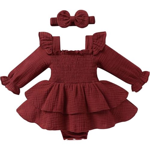 YOUNGER TREE Baby Girl Fall Clothes Infant Long Sleeve Ruffle Romper Dress with Headband Cute Toddler Winter Outfits