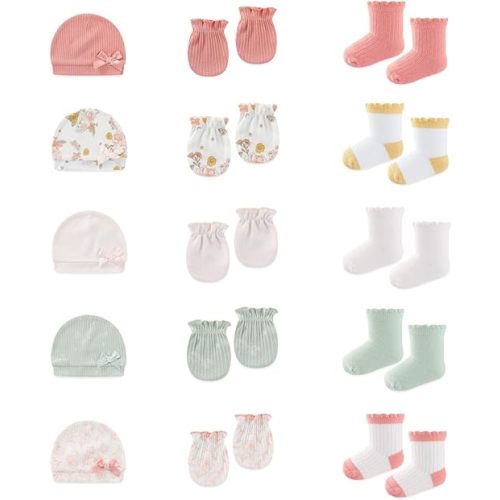 15 Pack Infant Hats Gloves Socks Unisex Baby Boy Girl Accessories Set Cotton New Born Caps Mittens
