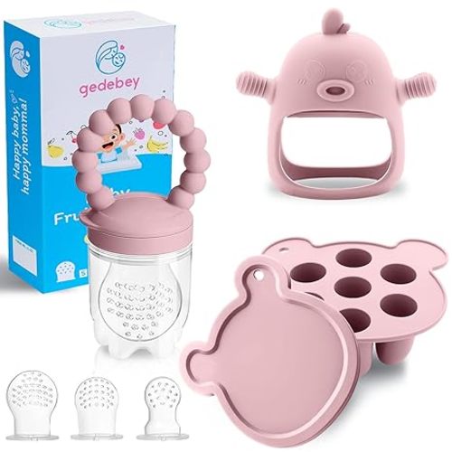 Baby Fruit Feeder Pacifier - 3 Pack | 1 Baby Food Feeder & 1 Baby Teether & 1 Baby Popsicle Molds | Breastmilk Popsicle molds | Baby Teething Toys | Baby Fruit Food Feeder Pacifier Babies (Blush)