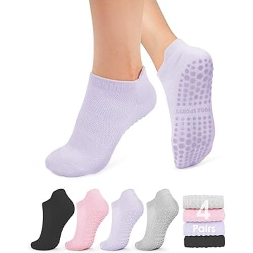 yeuG Pilates Socks for Women Non Slip Grip Socks for Yoga, Barre, Hospital, Barefoot Grippy Yoga Sock Womens Gifts 4 Pairs