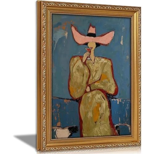 Vintage Gold Framed Bar Wall Art, Modern Western Cowgirl With Martini Canvas Print, Red and Pink Abstract Woman Painting Picture, Cocktail Poster Print Artwork for Kitchen Dining Room Home Bar