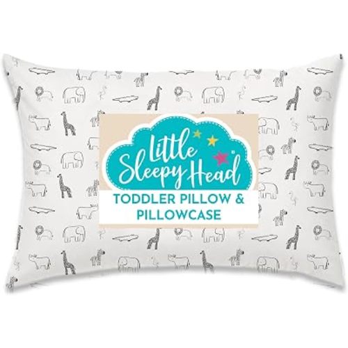 Toddler Bed Pillow with Cotton Pillow Case – 13x18 Kids Pillows for Sleeping, School, Travel & Daycare – Hypoallergenic Toddler Pillow 2 Year Old to 5 with Envelope Pillowcase (Animal Adventure)