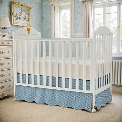 Brandream Scallop Edge Cotton Crib Skirt Toddler Bedskirt Baby Nursery Crib Bed Skirt Boho Bohemian Neutral Solid Color Farmhouse Chic Vintage Blue Gingham Bohemian Nursery Decor Skirt
