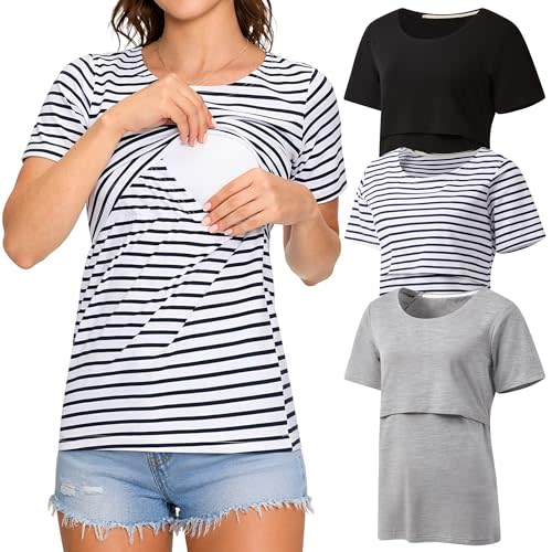 3 Pack Women's Nursing Tops, Breastfeeding Shirts Short Sleeve | Double Layer Nursing Access, Breastfeeding Shirt Design, Soft Breathable Fabric, For Daily Wear, Layering, Casual Outfits