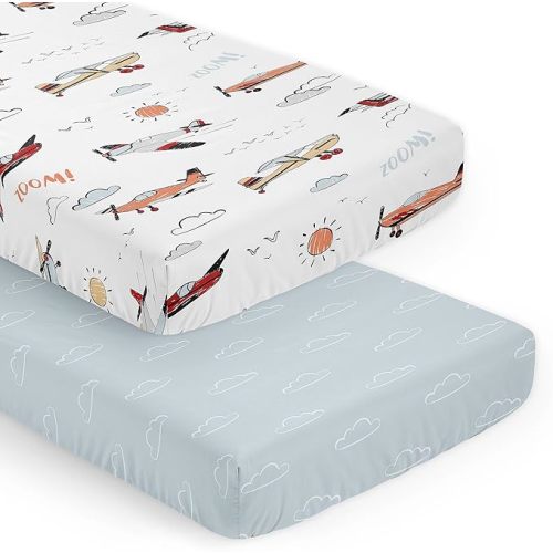 Sweet Jojo Designs 2-Piece Baby Crib Sheets Set (Vintage Airplane) for Boys, Infant Nursery, Toddler Room - Fitted, Standard Size (Airplanes, Plane, Transportation, Aviator, Clouds, Red, Slate Blue)