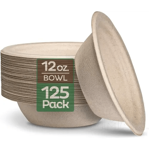 Paper Bowls, 100% Compostable Disposable Soup Bowl [125-Pack] - (PFAS-Free) - (BPI Certified) - [12 oz] Heavy Duty, Eco-Friendly, Biodegradable Bagasse Hot Food Plates and Bowls - Natural Brown