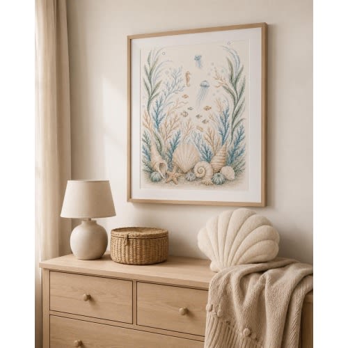 Ocean Nursery Wall Art, Watercolor Seashell and Jellyfish Poster, Coastal Baby Room Decor