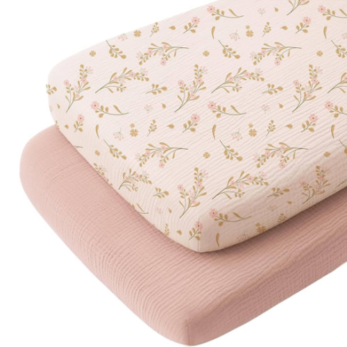 Konssy Muslin Fitted Bassinet Sheets 2 Pack for Baby Girl Boy, Soft Bedside Sleeper Bassinet Sheets Fit for Baby Bassinets, Moses Basket Oval Rectangle Pad/Mattress